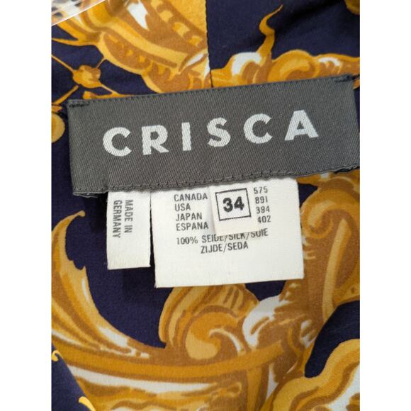 Crisca Tunic Blouse Women 34 Baroque Print 100% Silk Long Sleeve Flowy Navy Gold - Picture 4 of 16